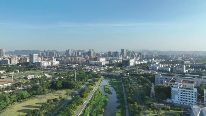 深圳光明区左岸科技公园航拍茅洲河碧道风景