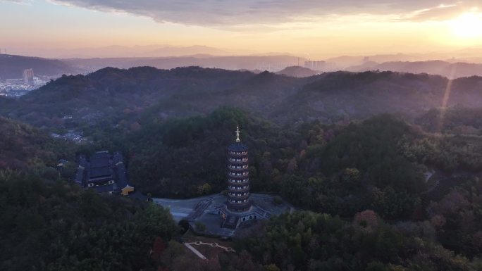 新昌大佛寺西禅寺万佛塔日出航拍