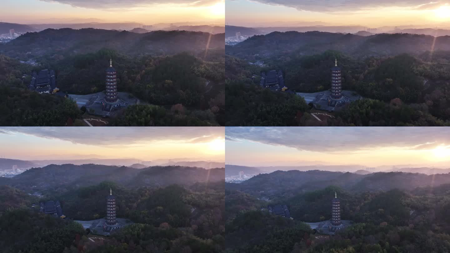 新昌大佛寺西禅寺万佛塔日出航拍