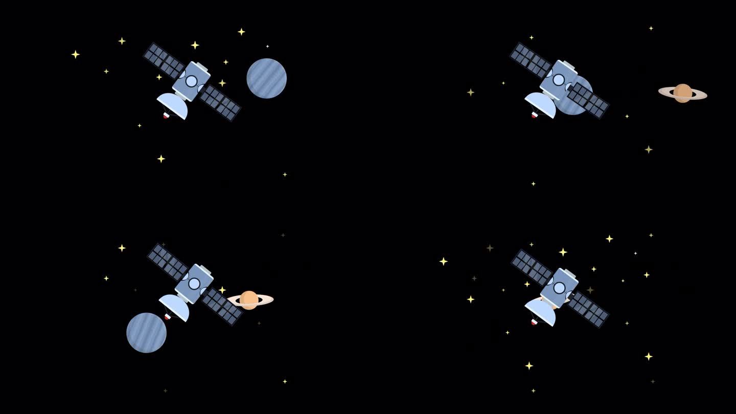 空间卫星。外太空太空卫星的动画探索。卡通