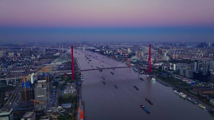 上海杨浦区北外滩杨浦大桥航拍夕阳全景风景