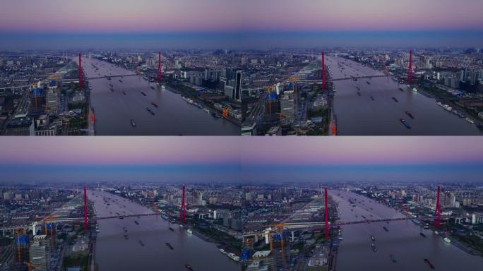 上海杨浦区北外滩杨浦大桥航拍夕阳全景风景
