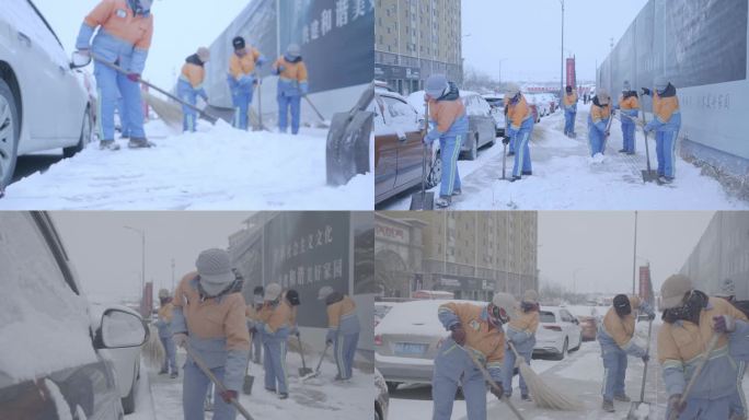 环卫工人铲雪扫雪一组视频