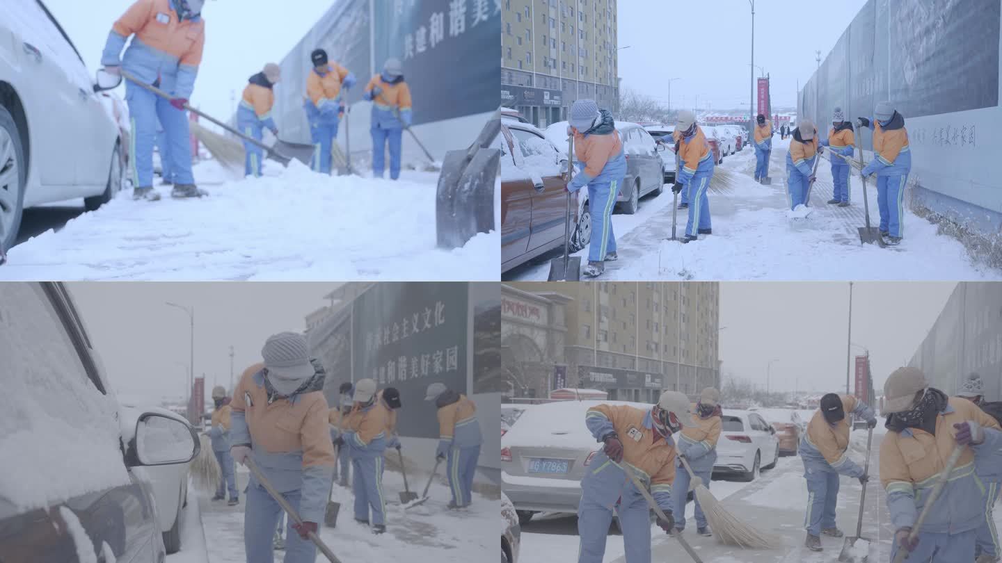 环卫工人铲雪扫雪一组视频