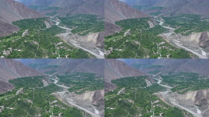 罕萨山谷壮丽的鸟瞰图:雄伟的山脉和冰川之美