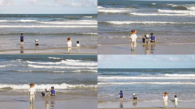 大海边玩耍嬉戏的小孩子