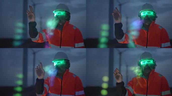 人工智能和虚拟现实在风电场中的应用。工程师工作与VR眼镜和HUD全息。夜班。