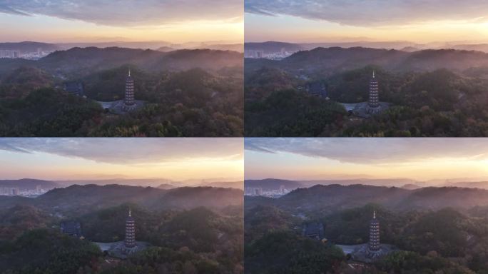 新昌大佛寺西禅寺万佛塔日出航拍