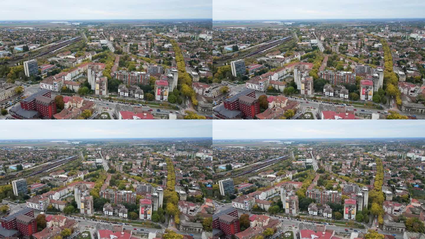 秋季，塞尔维亚苏博蒂察街道上的住宅建筑群鸟瞰图