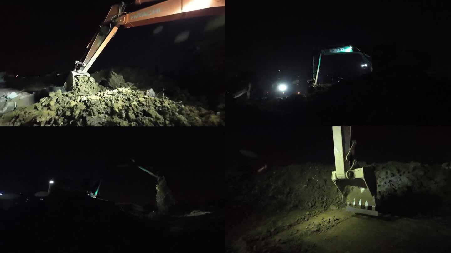 夜间加班加点用挖掘机项目施工