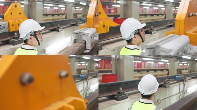 工程师对工程行业或运输概念的铁路车间电气列车进行全面检查。