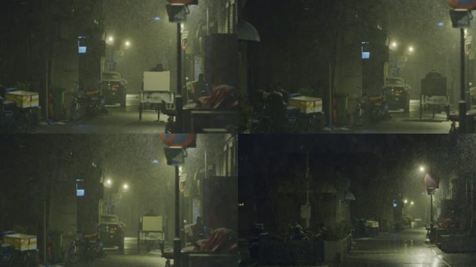 北京胡同夜晚下雪骑三轮车的老人背影