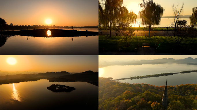 杭州西湖美景清晨唯美逆光深秋日出西湖全景