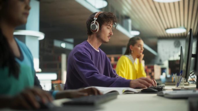 一个聪明的男人和一群大学生在电脑前工作的肖像。一个年轻人戴着耳机，在大学图书馆做作业，准备STEM考