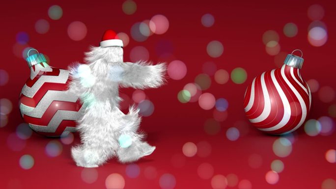 圣诞快乐，新年快乐动画。有趣的毛茸茸的白色怪物人物跳舞。有会跳舞的毛茸茸的野兽，皮毛明亮有趣的毛茸茸