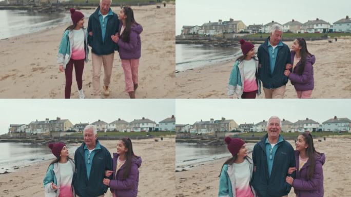 和爷爷一起沿着海滩散步