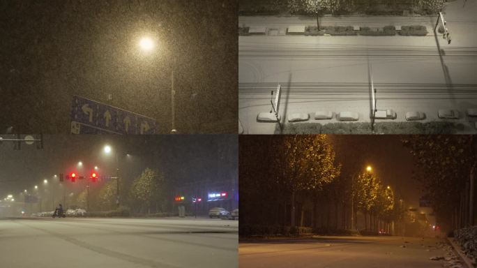 4K下雪 夜晚街道雪景