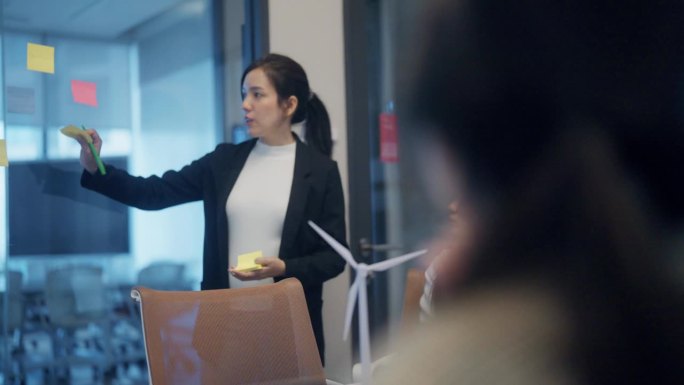 职业商业女性使用贴在玻璃墙上的便利贴和在教育研讨会上与同事交谈