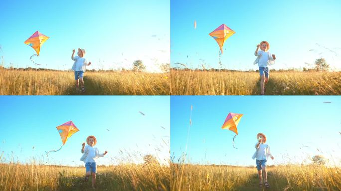 快的小男孩跑过田野，手里拿着风筝在他的头上迎风飘扬。夏天孩子在大自然中散步，玩得很开心。全家出城呼吸