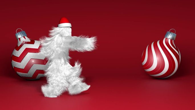 圣诞快乐，新年快乐动画。有趣的毛茸茸的白色怪物人物跳舞。有会跳舞的毛茸茸的野兽，皮毛明亮有趣的毛茸茸