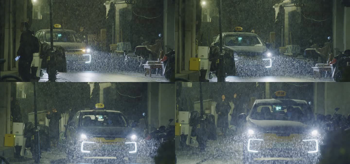 夜晚下雪北京胡同雪夜出租车
