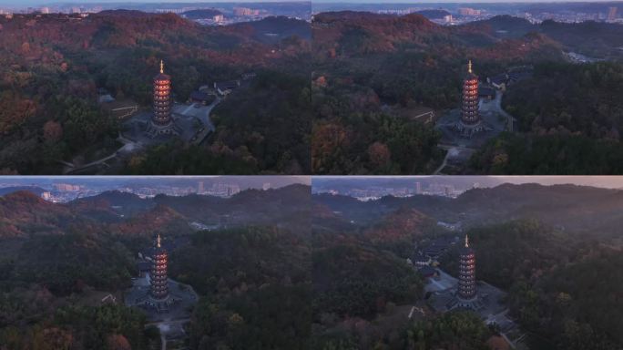 新昌大佛寺西禅寺万佛塔日出航拍