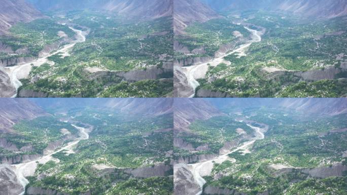 罕萨山谷壮丽的鸟瞰图:雄伟的山脉和冰川之美