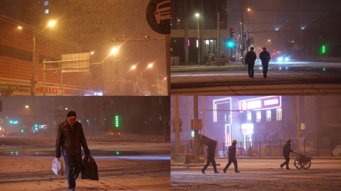 冬天下雪城市夜景 雪花升格 下雪街道