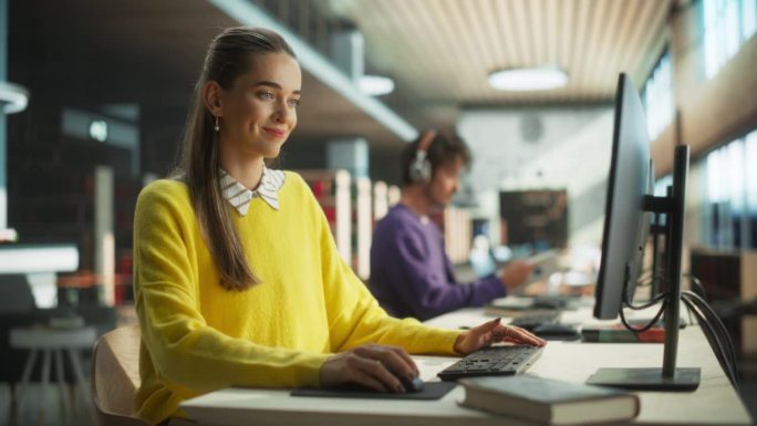穿着黄色套衫的漂亮白人女学生在台式电脑上写论文。一个聪明的年轻女子在一个安静的有书架的公共图书馆上网