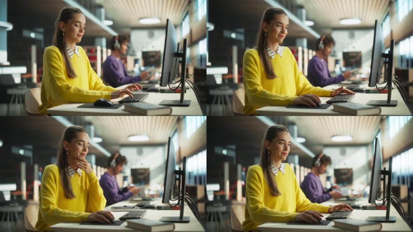 穿着黄色套衫的漂亮白人女学生在台式电脑上写论文。一个聪明的年轻女子在一个安静的有书架的公共图书馆上网