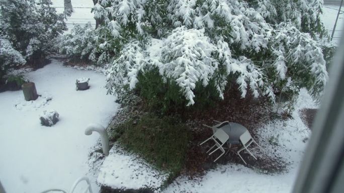 冬季公寓窗景，后院雪与休息椅