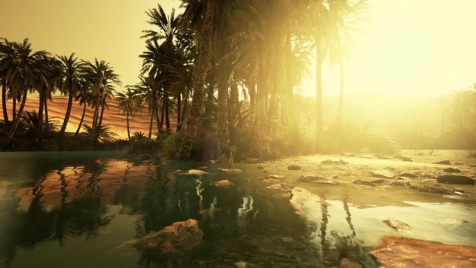 沙漠绿洲中的池塘和棕榈树