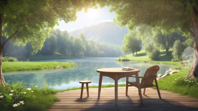 4K湖边休闲享受桌椅概念背景