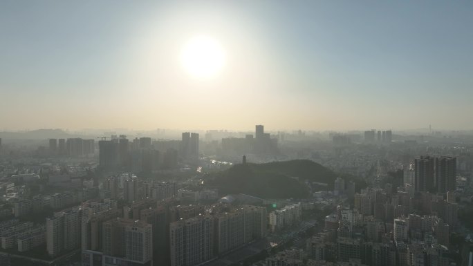 广东省深圳市光明区红花山公园航拍夕阳逆光