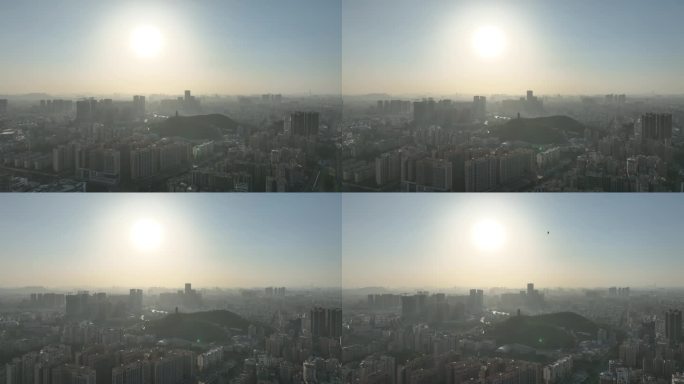 广东省深圳市光明区红花山公园航拍夕阳逆光