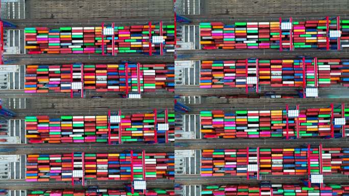 鸟瞰图实时拍摄的汉堡港货物转运枢纽和集装箱运输，集装箱堆叠，汉堡，德国
