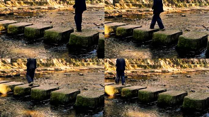 在跳蹬河上走路的老人实拍视频