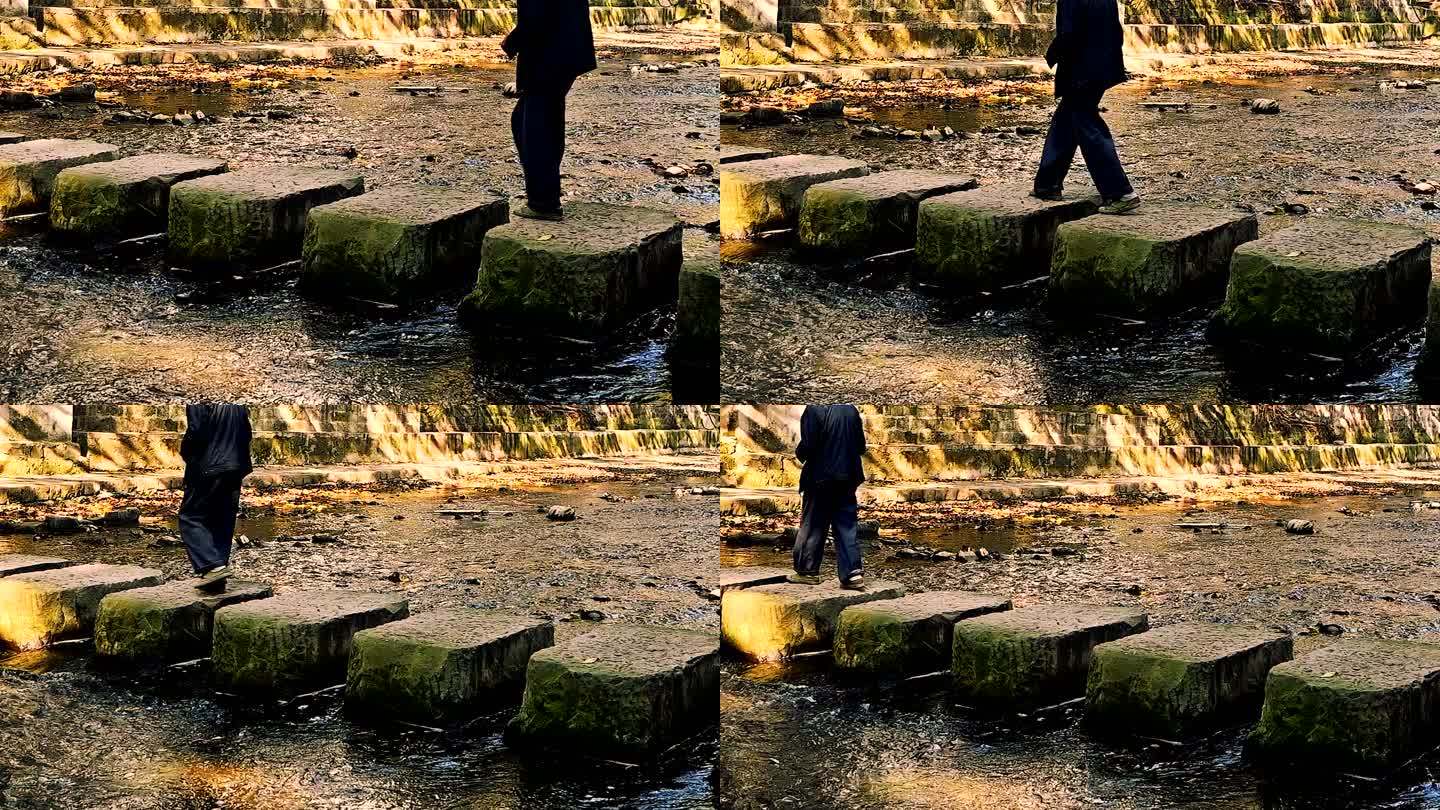 在跳蹬河上走路的老人实拍视频
