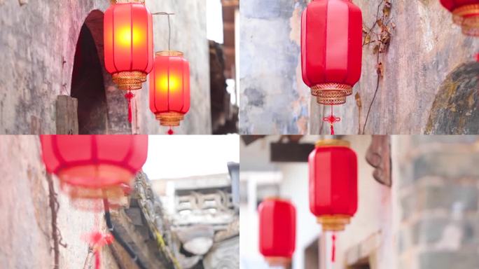 传统乡村春节门前红灯笼实拍