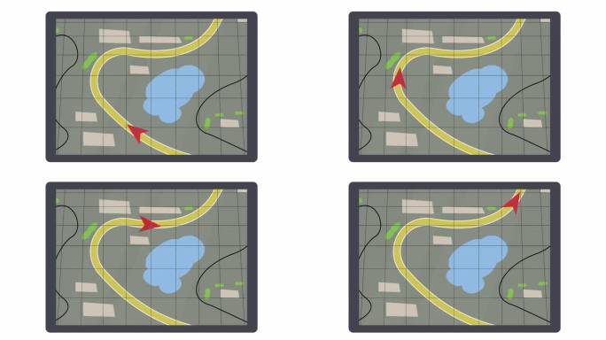 GPS导航器。路线在地形图上的动画。卡通