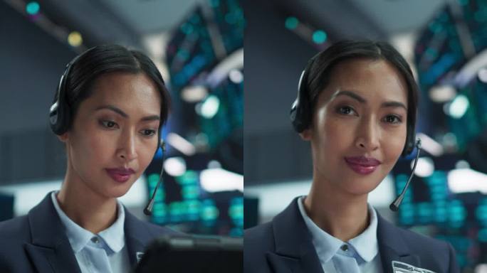 竖屏:在国际证券交易大厅工作的亚洲美女;戴着耳机使用平板电脑的专业人士;看着镜头微笑的成功交易者