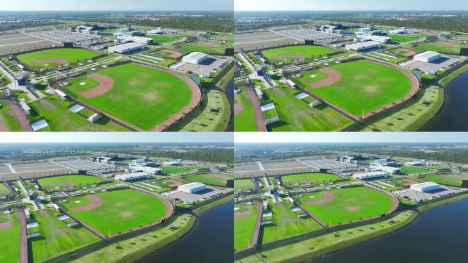 俯瞰绿色棒球场钻石在露天棒球场在佛罗里达州农村。美国体育基础设施