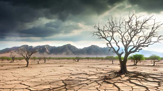 4K干枯树干旱地裂沙漠概念背景