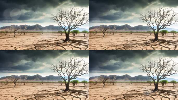 4K干枯树干旱地裂沙漠概念背景