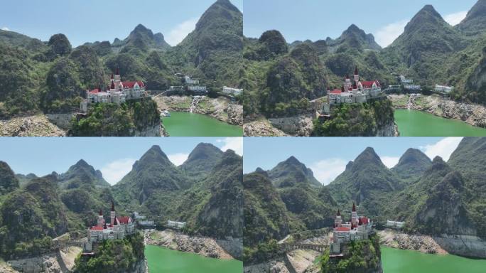 航拍水上城堡环绕镜头万峰湖吉隆堡夏季
