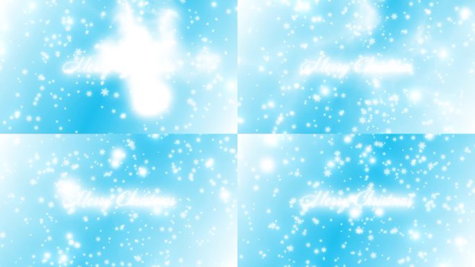 圣诞快乐的问候文字与白色粒子，而发光的白色雪花从上到下落在浅蓝色的背景。运动图形。