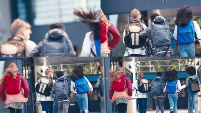 一群中学生在学校大楼外躲避摄像机