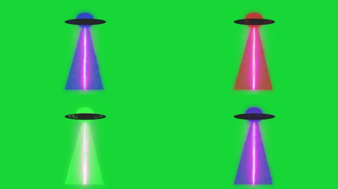 不明飞行物飞行与光线在绿色屏幕背景。绿色背景的Ufo的2d卡通动画。Allian科学概念背景