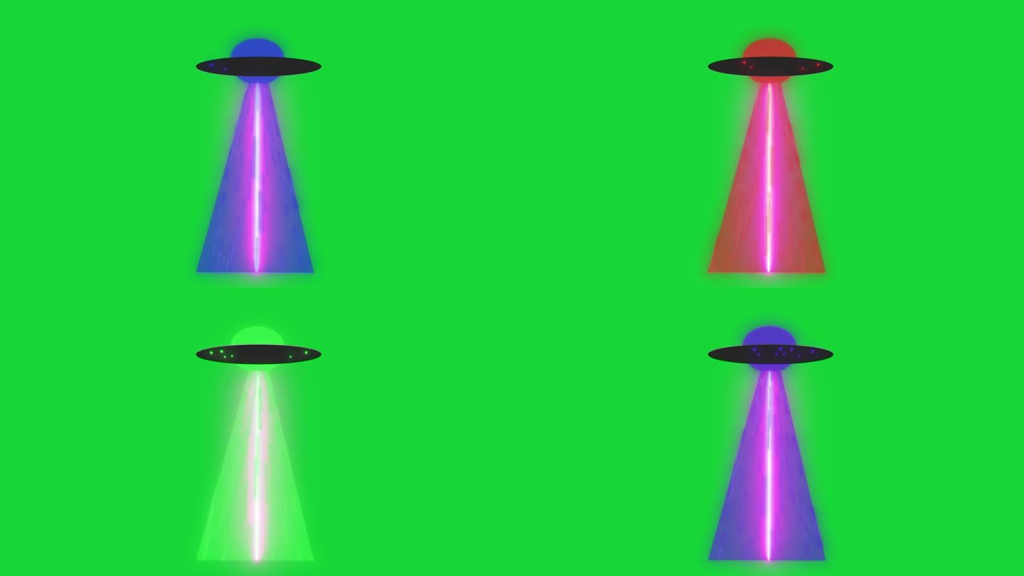 不明飞行物飞行与光线在绿色屏幕背景。绿色背景的Ufo的2d卡通动画。Allian科学概念背景