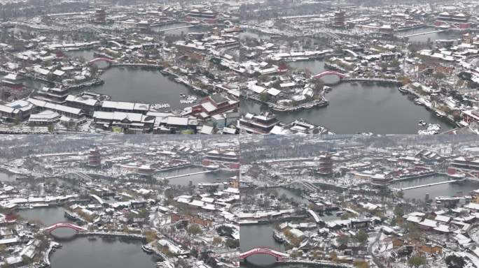 开封地标雪景开封清明上河园雪景航拍